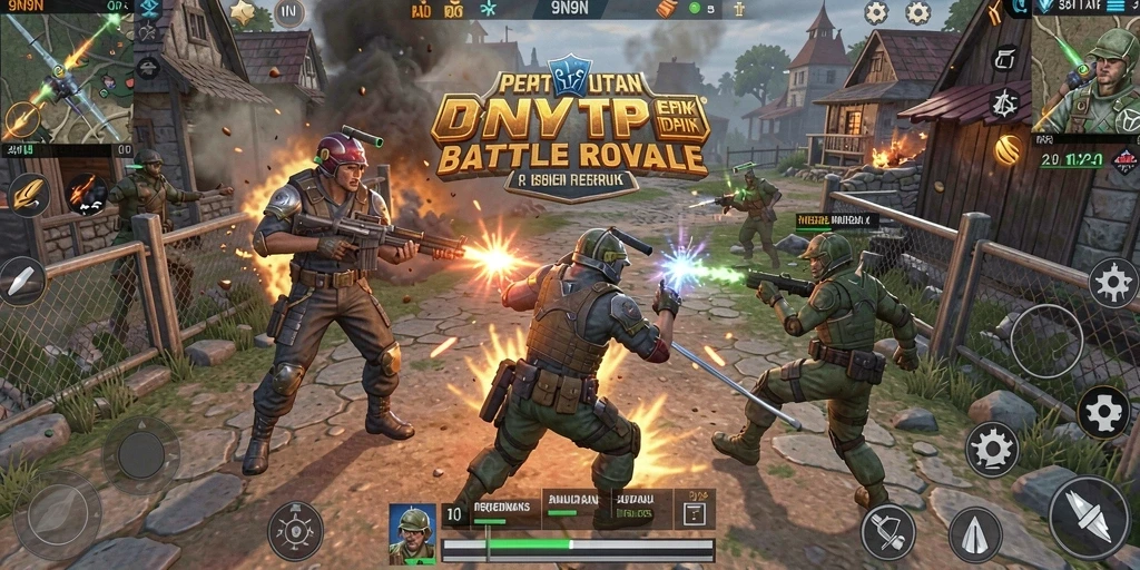 Screenshot gameplay 9N9N menampilkan pertarungan intens dalam Battle Royale.