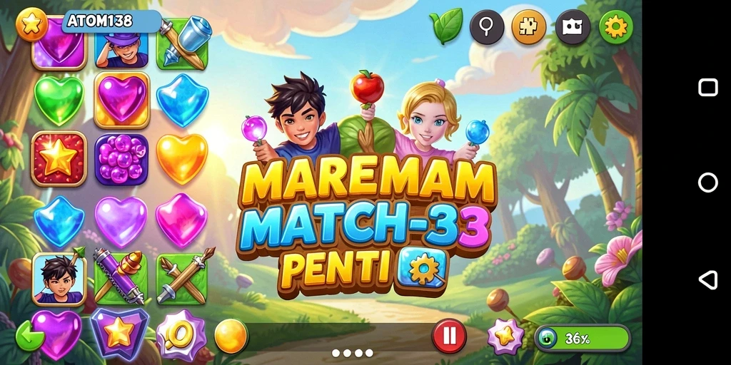 Screenshot gameplay ATOM138 dengan elemen Match-3 yang berwarna-warni.