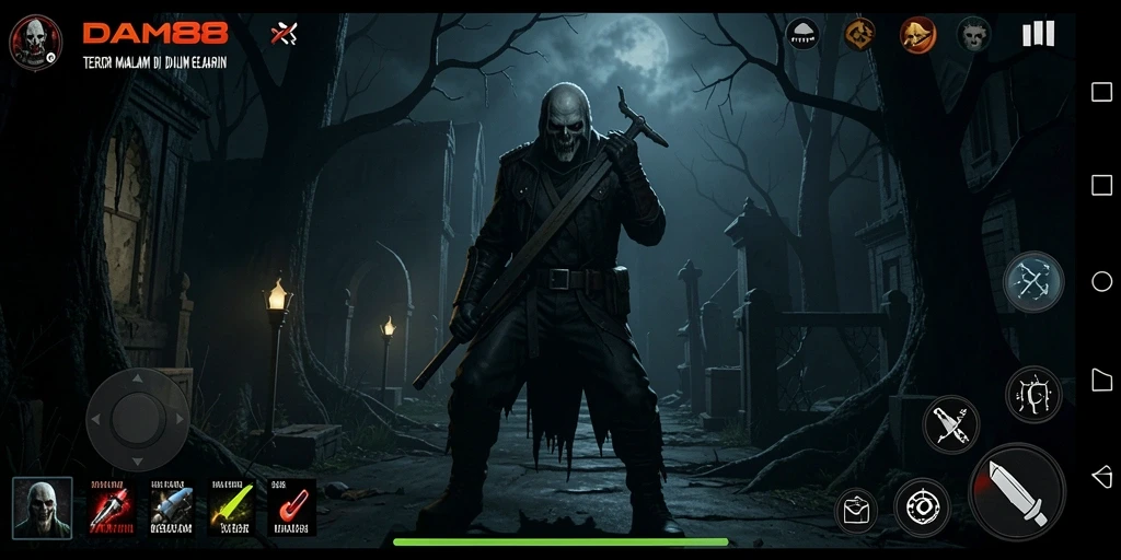 Screenshot gameplay menampilkan suasana menyeramkan dari DAM88.
