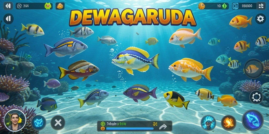 Screenshot DEWAGARUDA menampilkan aksi tembak ikan yang seru.
