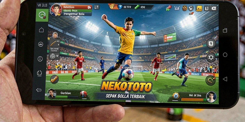Tangkapan layar gameplay NEKOTOTO menampilkan momen seru dalam pertandingan sepak bola.
