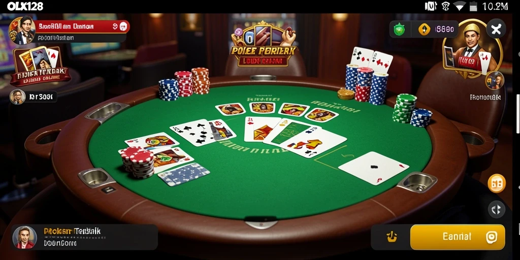 Screenshot utama OLX128 menampilkan momen seru permainan poker.