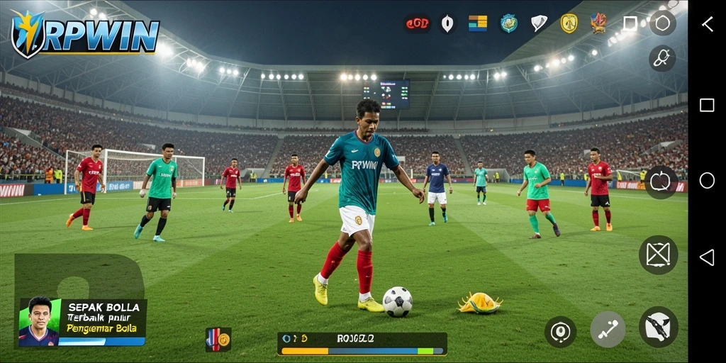 Tangkapan layar gameplay dari RPWIN dengan aksi sepak bola mendebarkan.