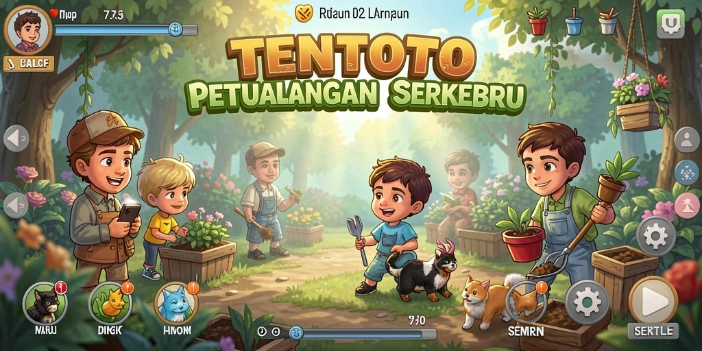 Screenshot gameplay TENTOTO yang menampilkan kebun yang indah.