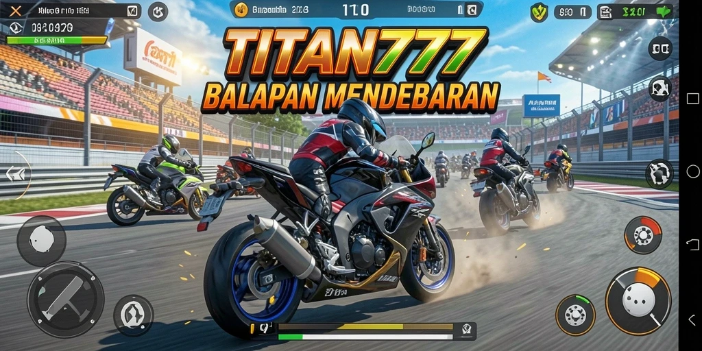Tampilan gameplay TITAN777 dengan aksi balapan motor yang intens.