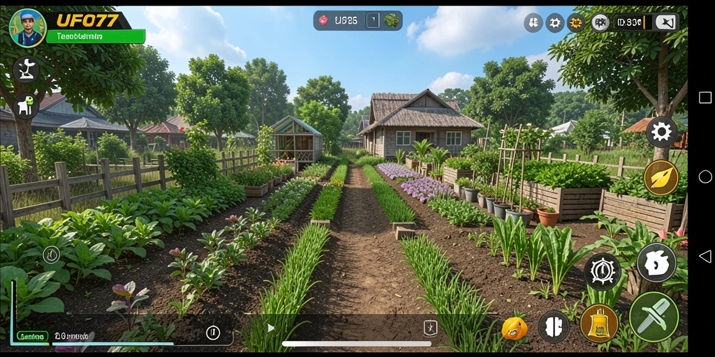 Screenshot gameplay UFO77 menampilkan pertanian yang indah dengan tanaman dan hewan.